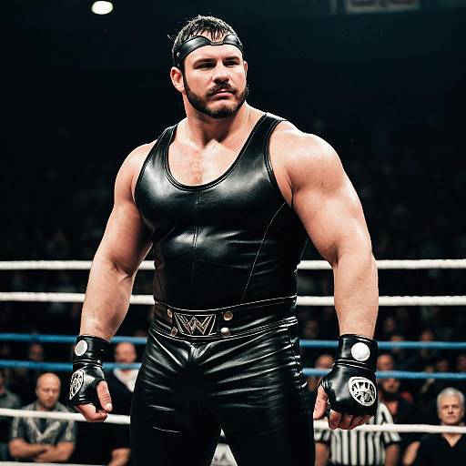 Male Wrestler in Black Leather Outfit Standing in Wrestling Ring