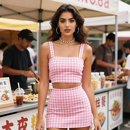Retro-Inspired Woman in Pink Gingham Two-Piece Set with Cropped Top at Outdoor Market