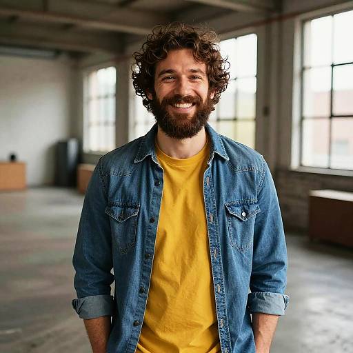 Smiling Bearded Man in Denim Shirt and Yellow T-Shirt in Industrial Room