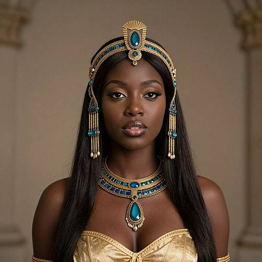 Regal Woman in Ancient Egyptian-Inspired Gold and Turquoise Jewelry