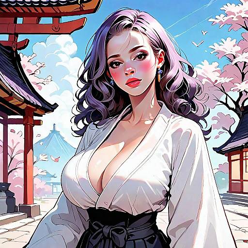 Anime Woman in Traditional Japanese Setting with Cherry Blossoms