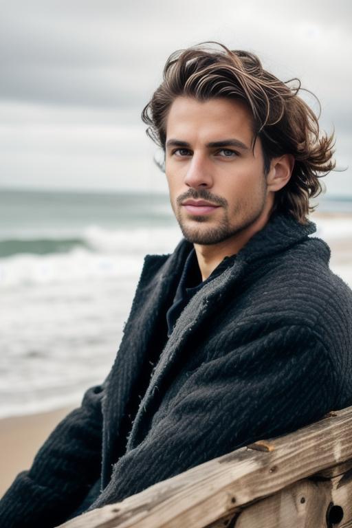 Casual Man in Dark Cardigan at Beach