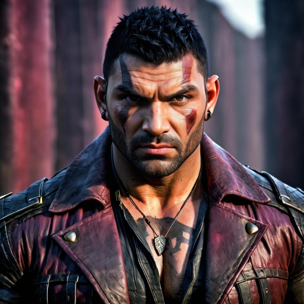 Muscular Man in Leather Jacket with Fierce Expression