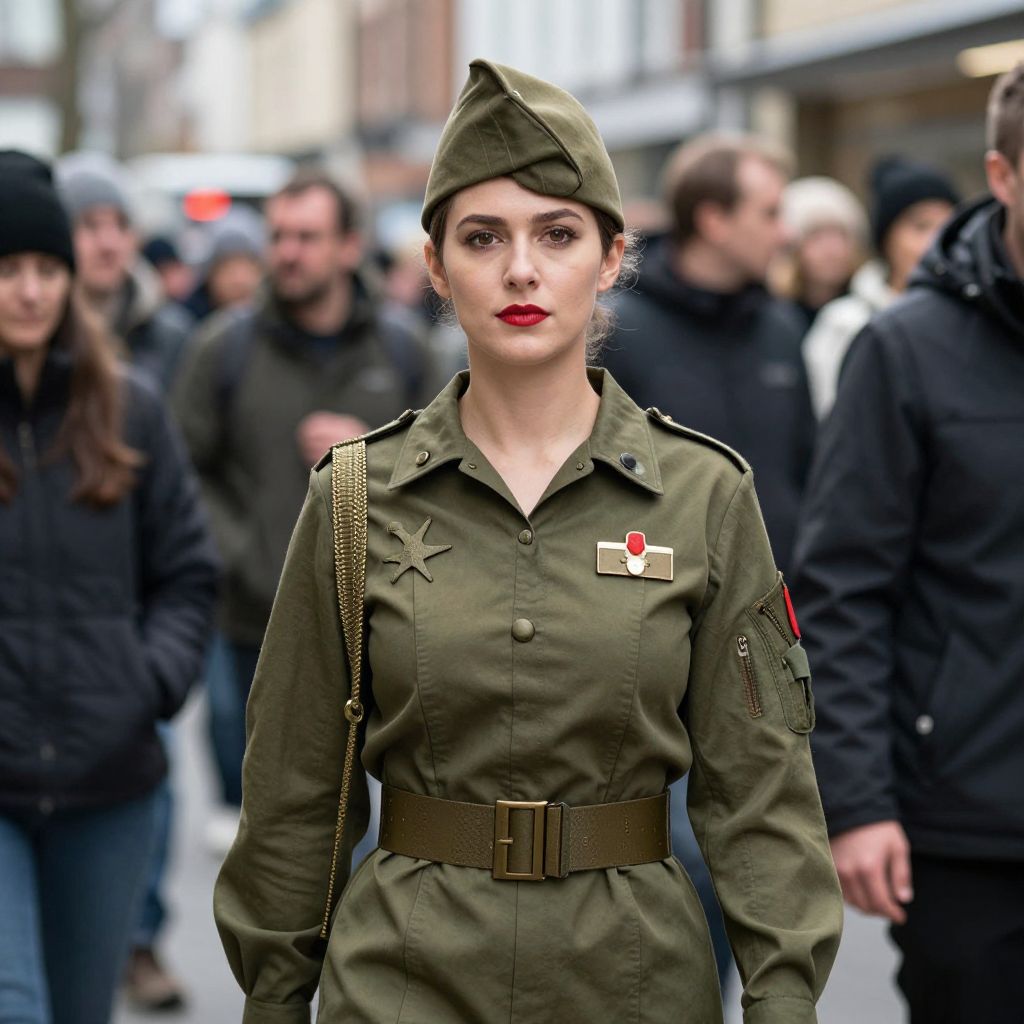 Woman in Vintage Military Uniform Walking in City Crowd
