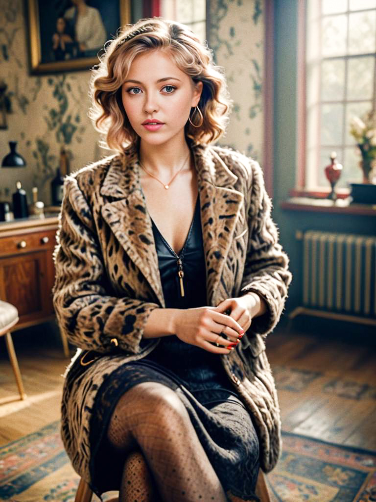 Confident Woman in Vintage Room with Leopard Print Coat