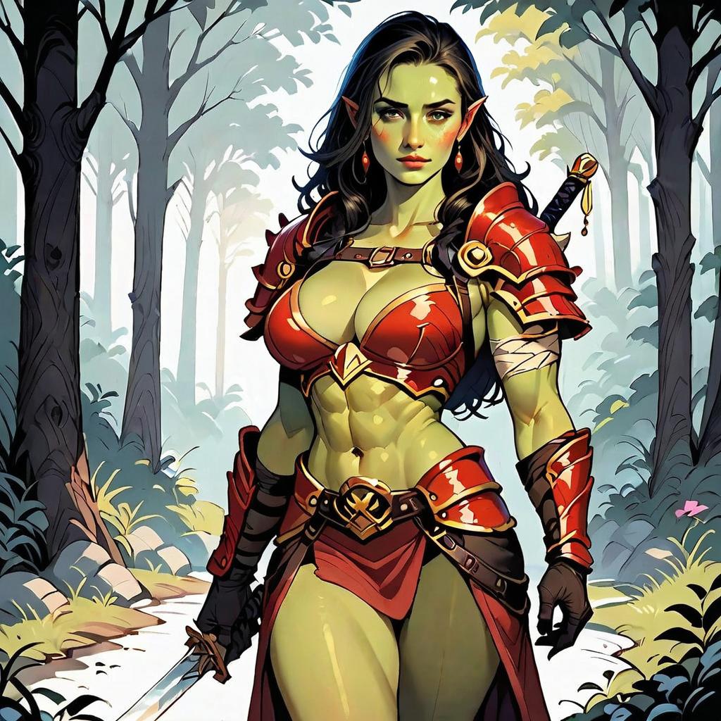 Fantasy Female Warrior in Red Armor in Mystical Forest Artwork