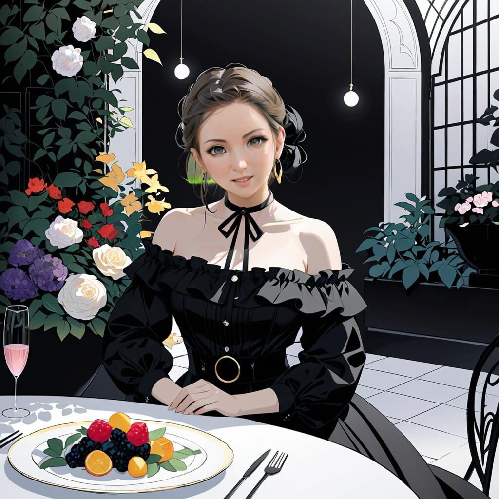 Elegant Woman in Floral Restaurant Setting