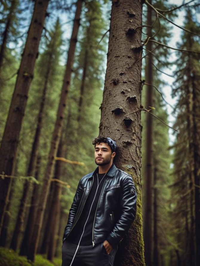 Man in Black Leather Jacket in Forest