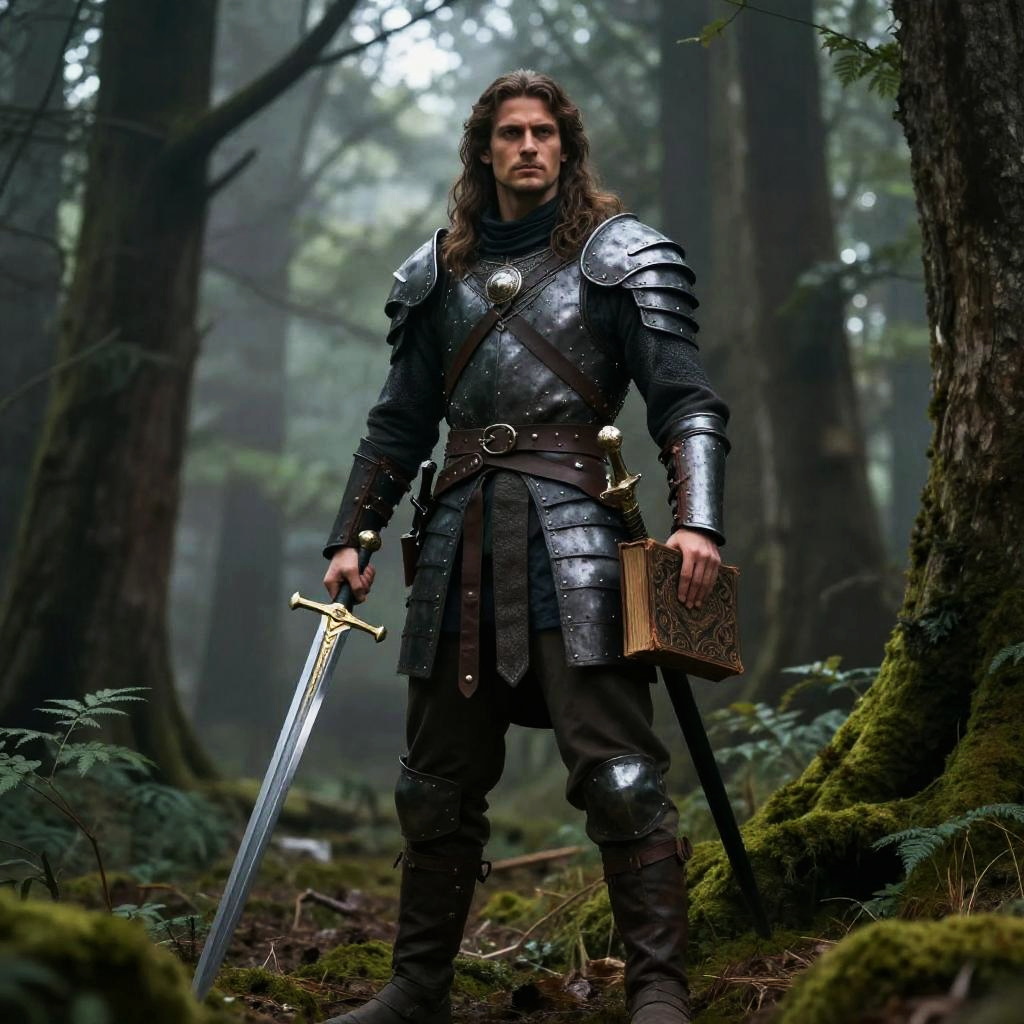 Medieval Knight in Armor Holding Sword and Ancient Book in Forest
