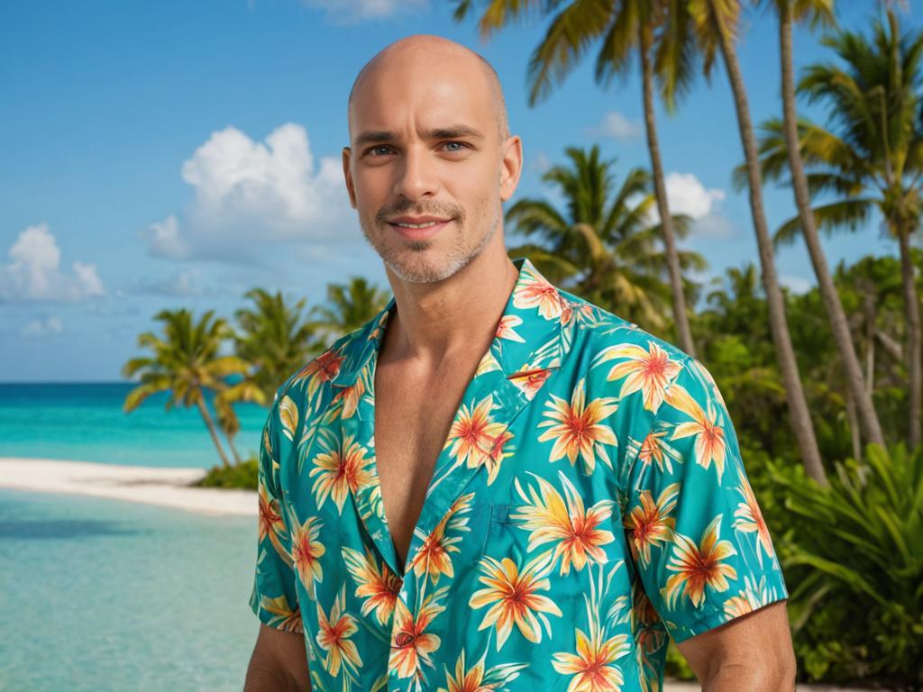 Man in Hawaiian Shirt at Tropical Beach