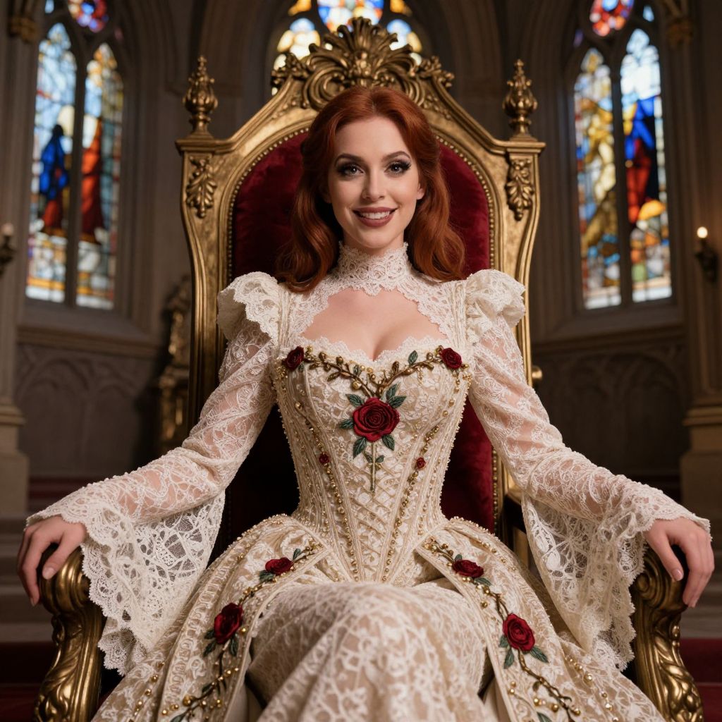 Victorian Woman in Embroidered Lace Dress Sitting on Throne in Cathedral