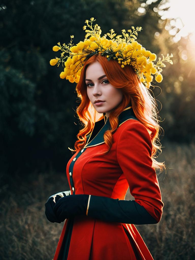 Sexy Mimosa Vermillion Cosplay Woman in Floral Crown Costume