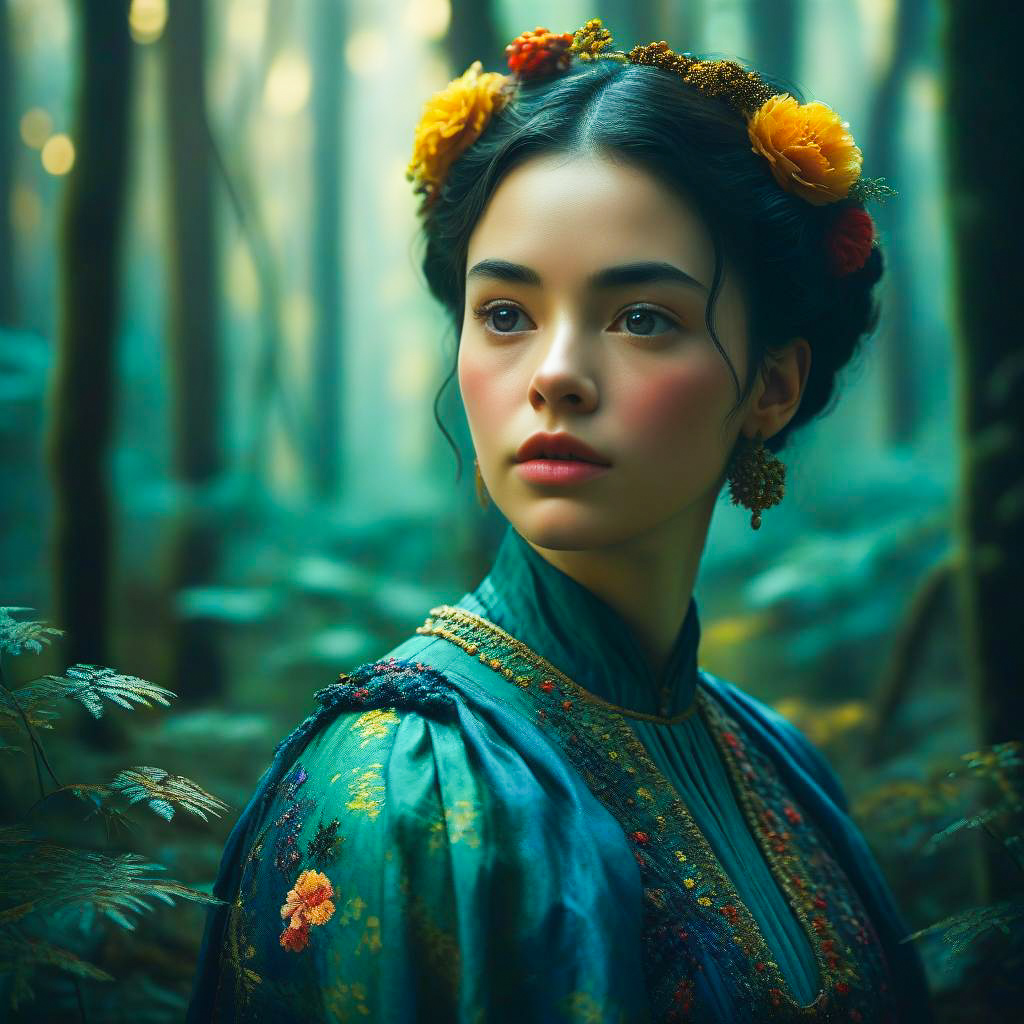 Young Woman in Teal Dress in Forest
