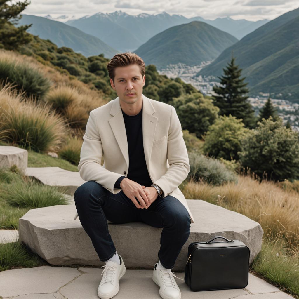 Stylish Man Seated Outdoors in Smart-Casual Attire