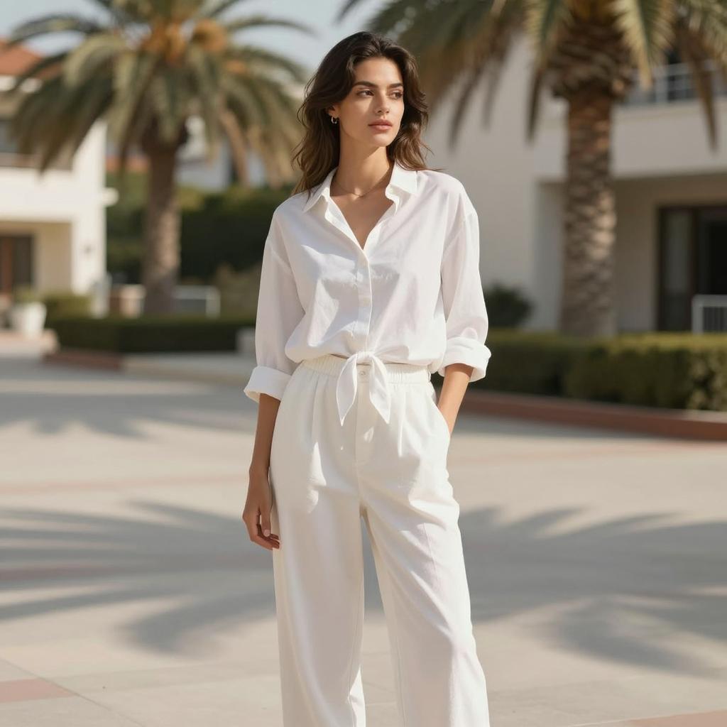 Gen Z Woman in Stylish All-White Outfit with Palm Tree Background