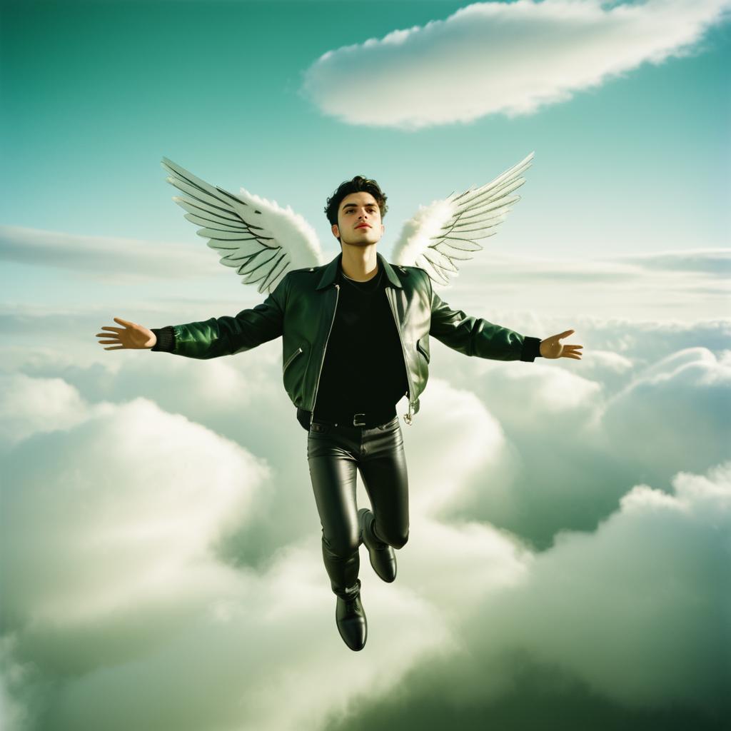 Man Soaring Through Clouds with Angel Wings