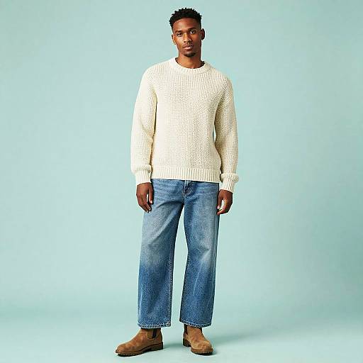 Gen Z Fashion Model Wearing Chunky Sweater and Wide-Leg Jeans