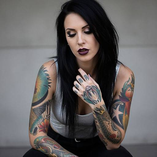 Portrait of Woman with Colorful Tattoo Sleeves and Dark Makeup