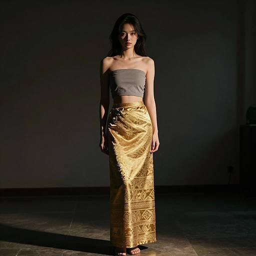 Young Woman Wearing Elegant Golden Traditional Skirt and Gray Tube Top