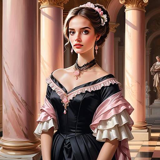 Victorian Woman in Elegant Gown Standing in Classical Pillared Hall