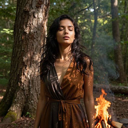 Peaceful Woman in Forest with Campfire in Brown Dress