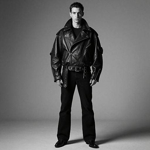 Man Wearing Oversized Black Leather Biker Jacket in Studio Portrait