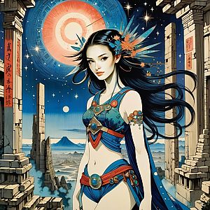 Woman in Fantasy Outfit Among Ancient Ruins
