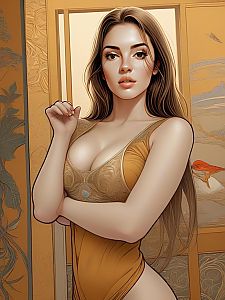 Stylish Woman in Gold Outfit with Floral Background