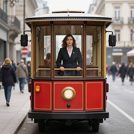 Woman Standing in Vintage Red Tram on Busy City Street