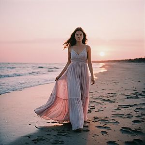 Woman in Flowing Dress Walking on Beach at Sunset