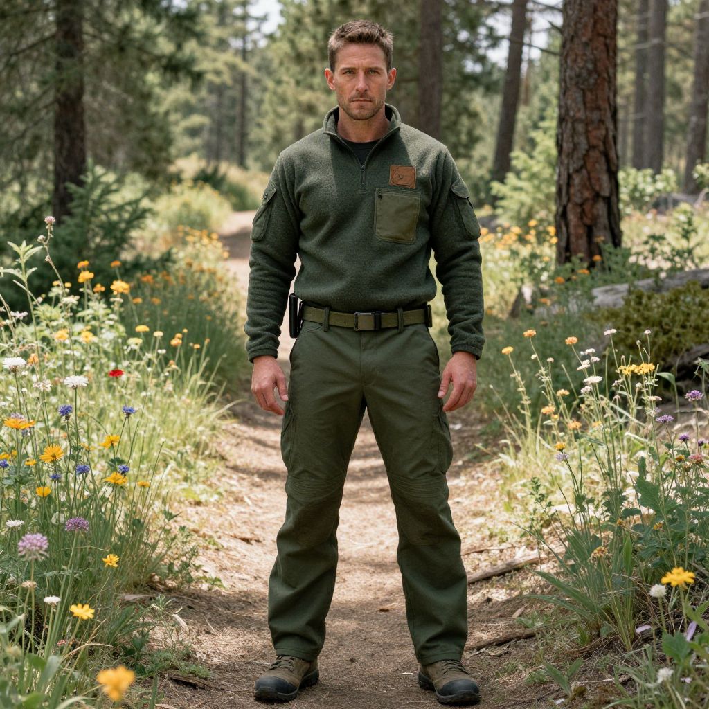 Man in Tactical Green Outfit Standing on Forest Trail with Wildflowers