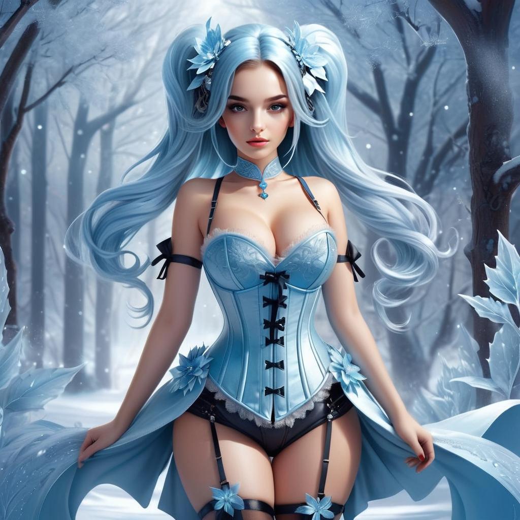 Fantasy Woman in Blue Corset with Icy Hair in Winter Forest