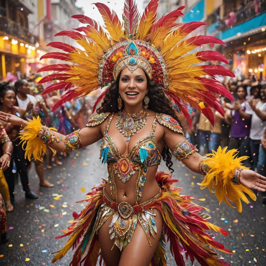 Exuberant Woman in Colorful Carnival Costume Dancing Joyfully