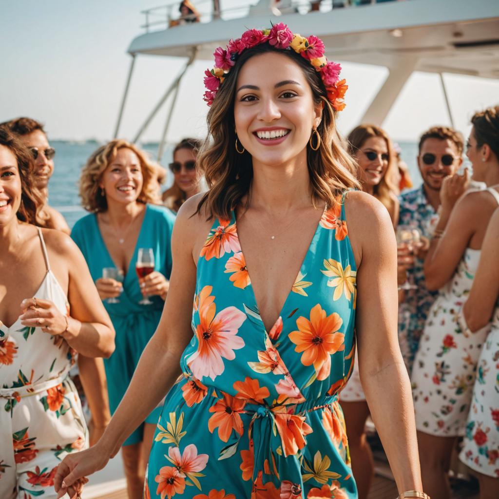 Joyful Woman in Floral Dress at Boat Party