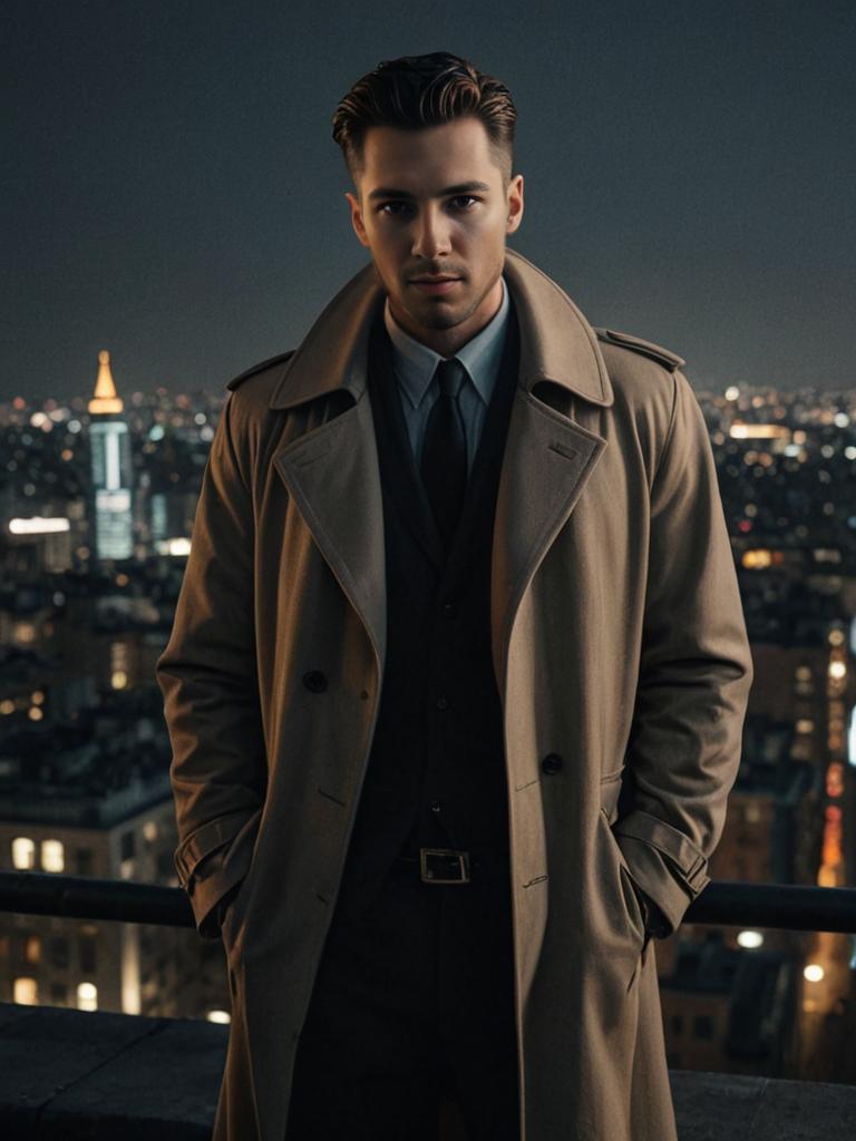 Elegant Man on Rooftop with City Lights