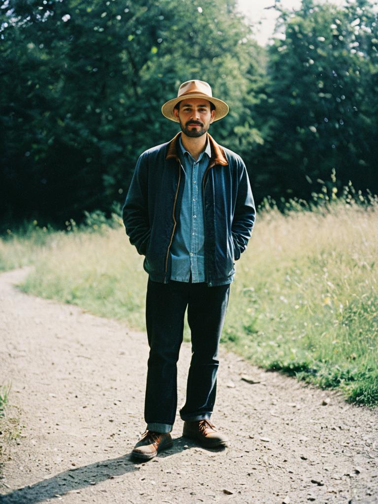 Man Wearing Wide-Brimmed Hat Outdoors on Path in Casual Layered Outfit
