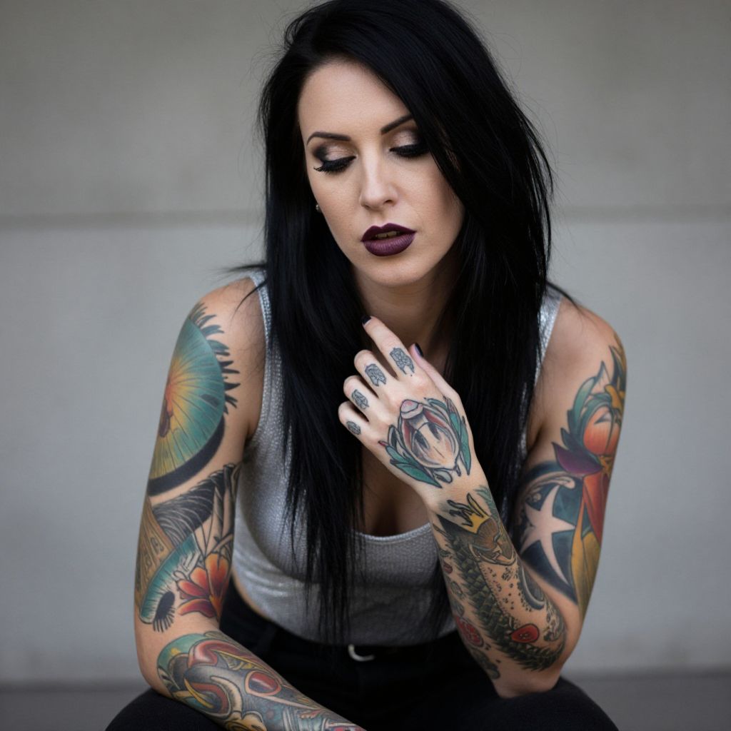 Portrait of Woman with Colorful Tattoo Sleeves and Dark Makeup