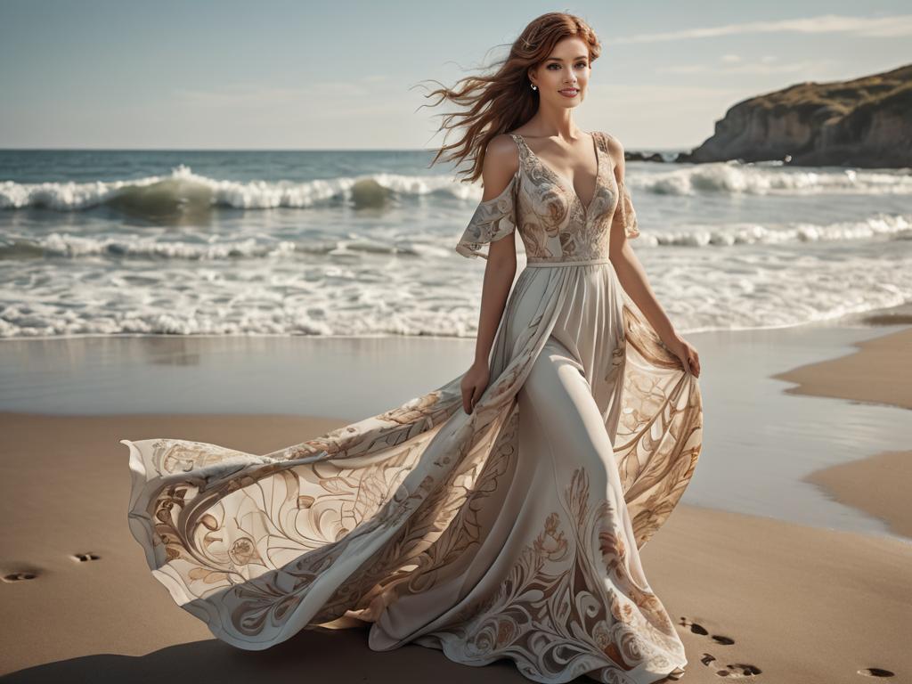 Elegant Woman in Artistic Dress on Beach