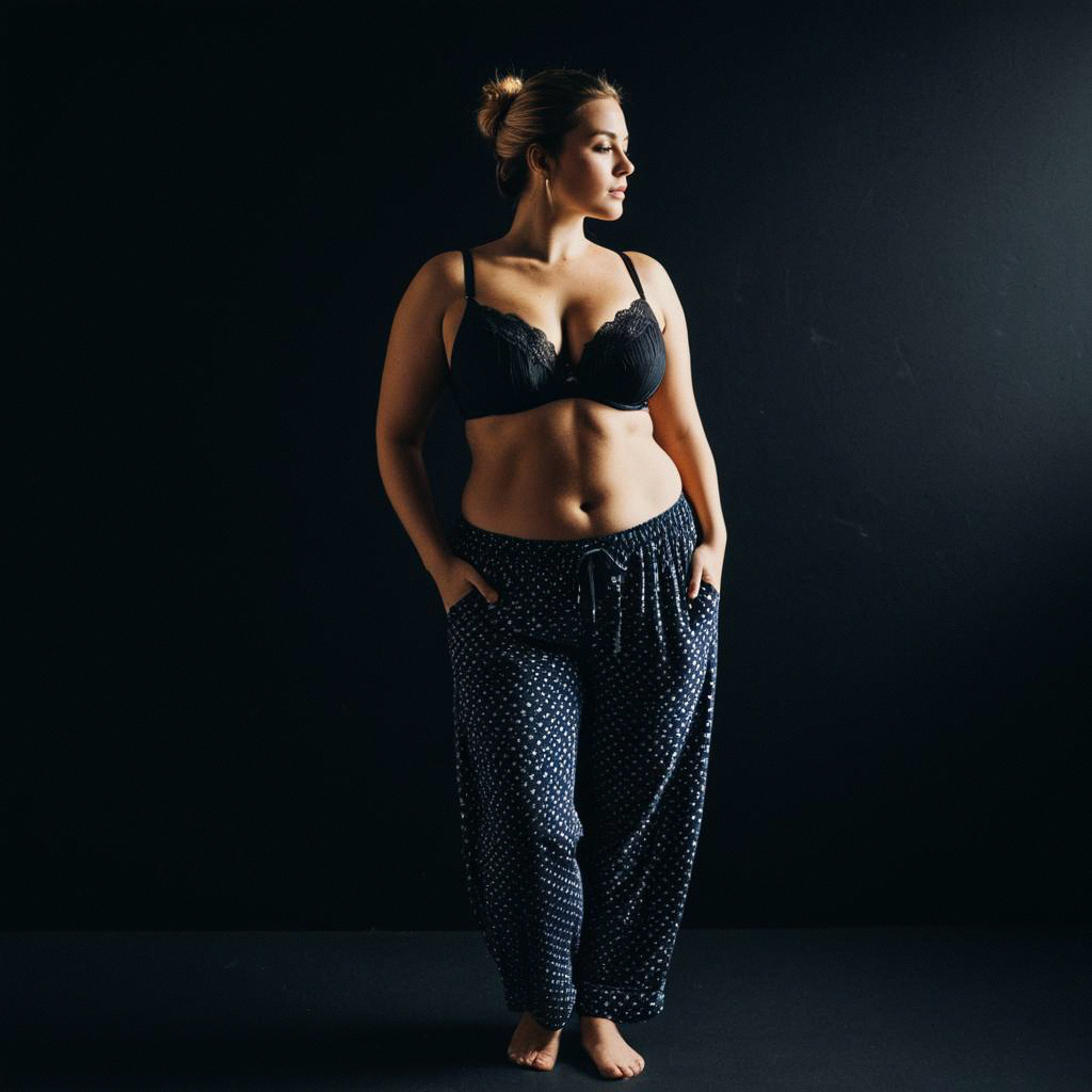 Confident Woman in Black Lace Bra and Loose Pants