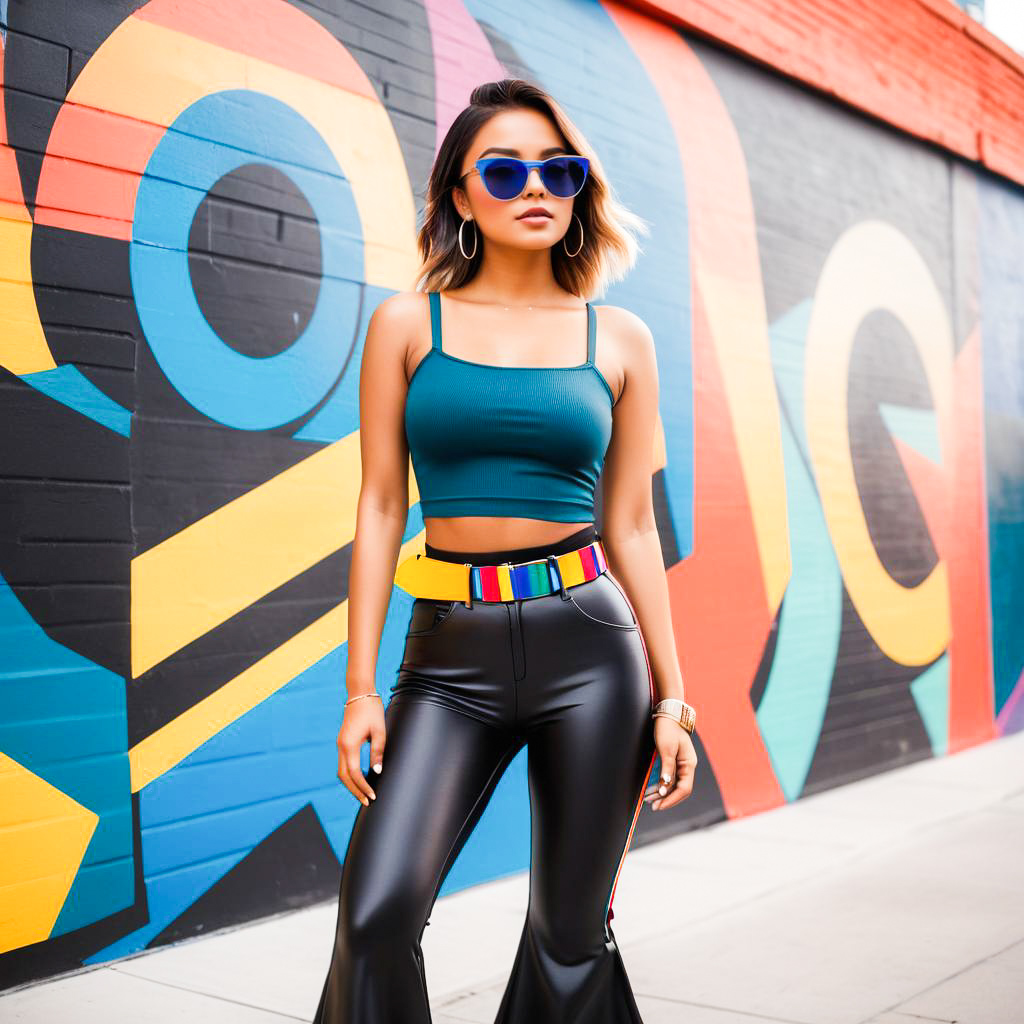 Confident Woman in Teal Crop Top and Flared Pants