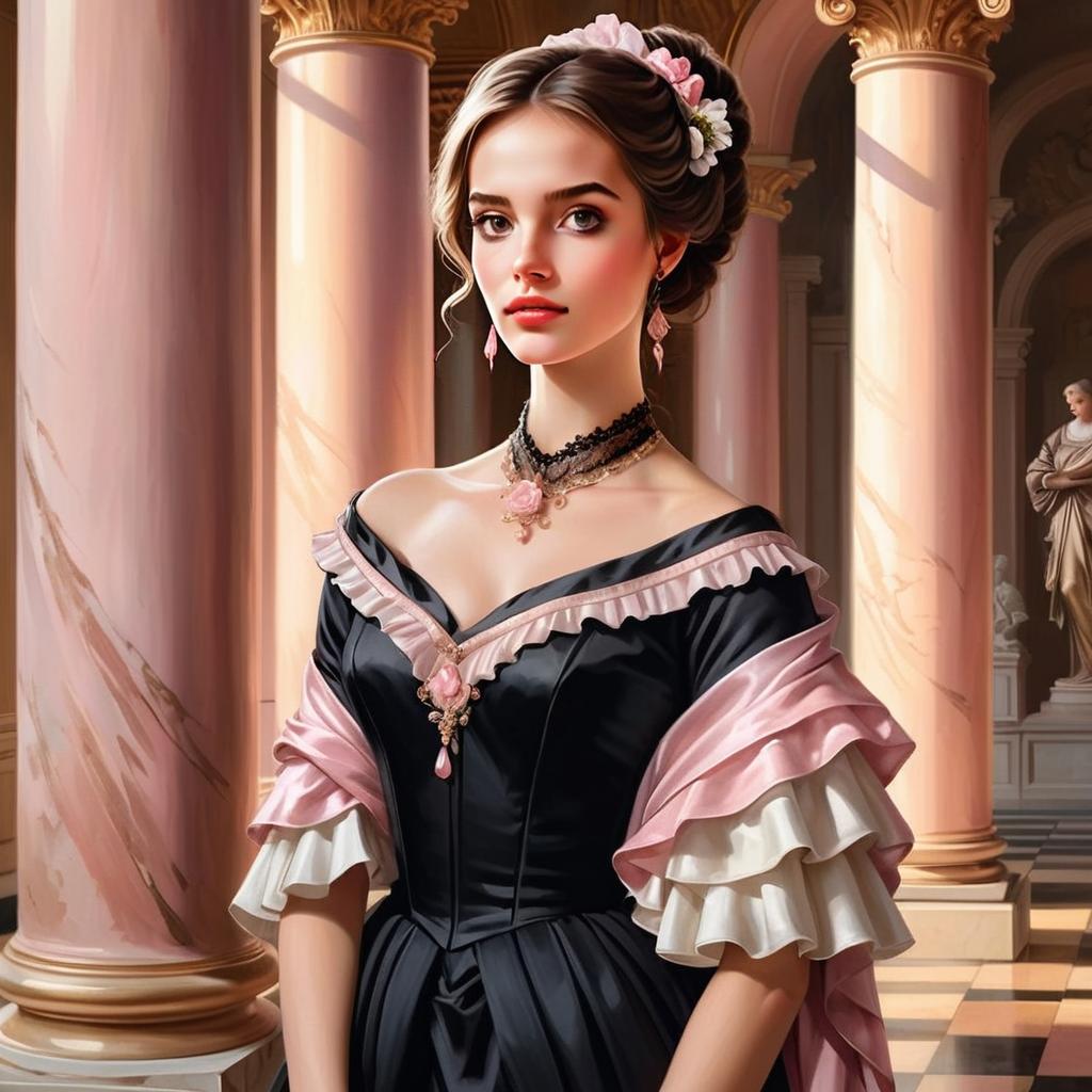 Victorian Woman in Elegant Gown Standing in Classical Pillared Hall