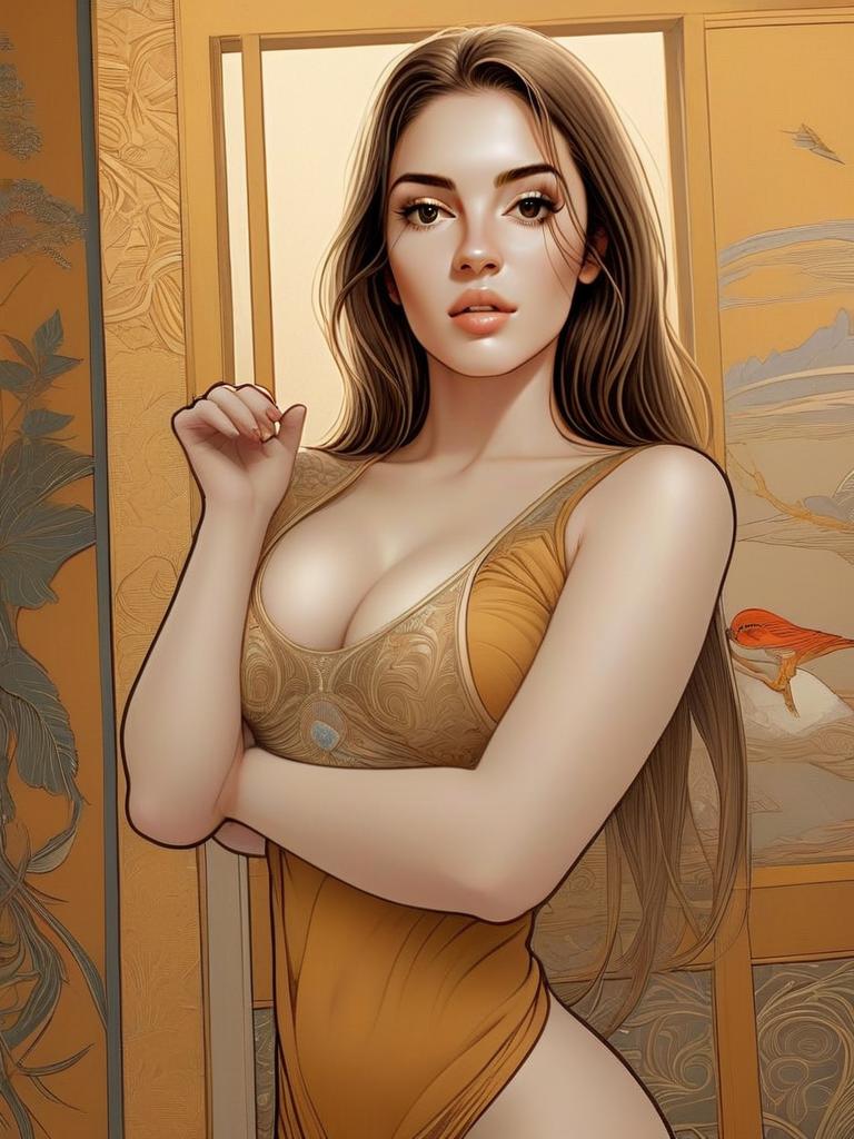 Stylish Woman in Gold Outfit with Floral Background Stylish Woman in Gold Outfit with Floral Background