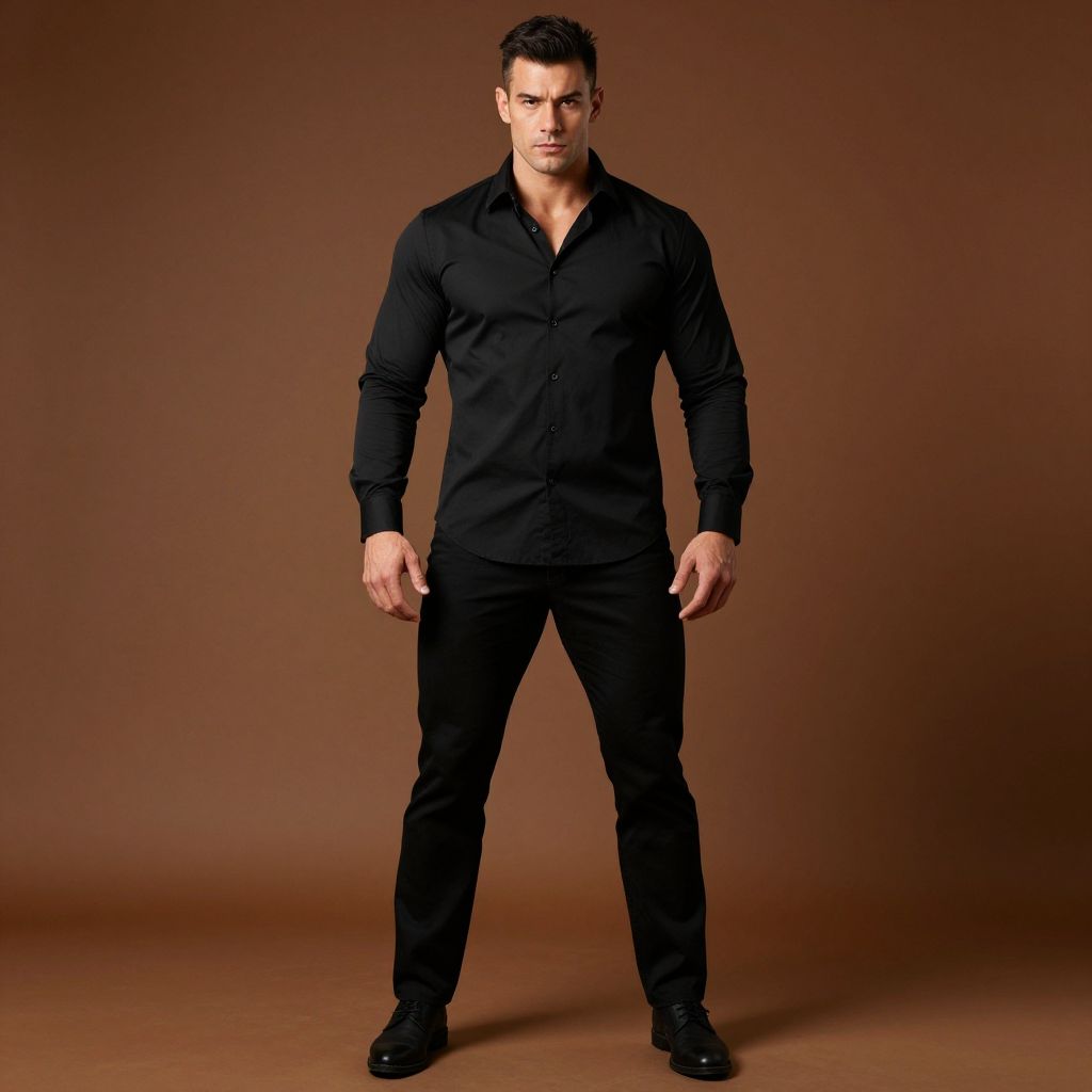 Confident Man in Black Shirt and Pants Standing on Brown Background