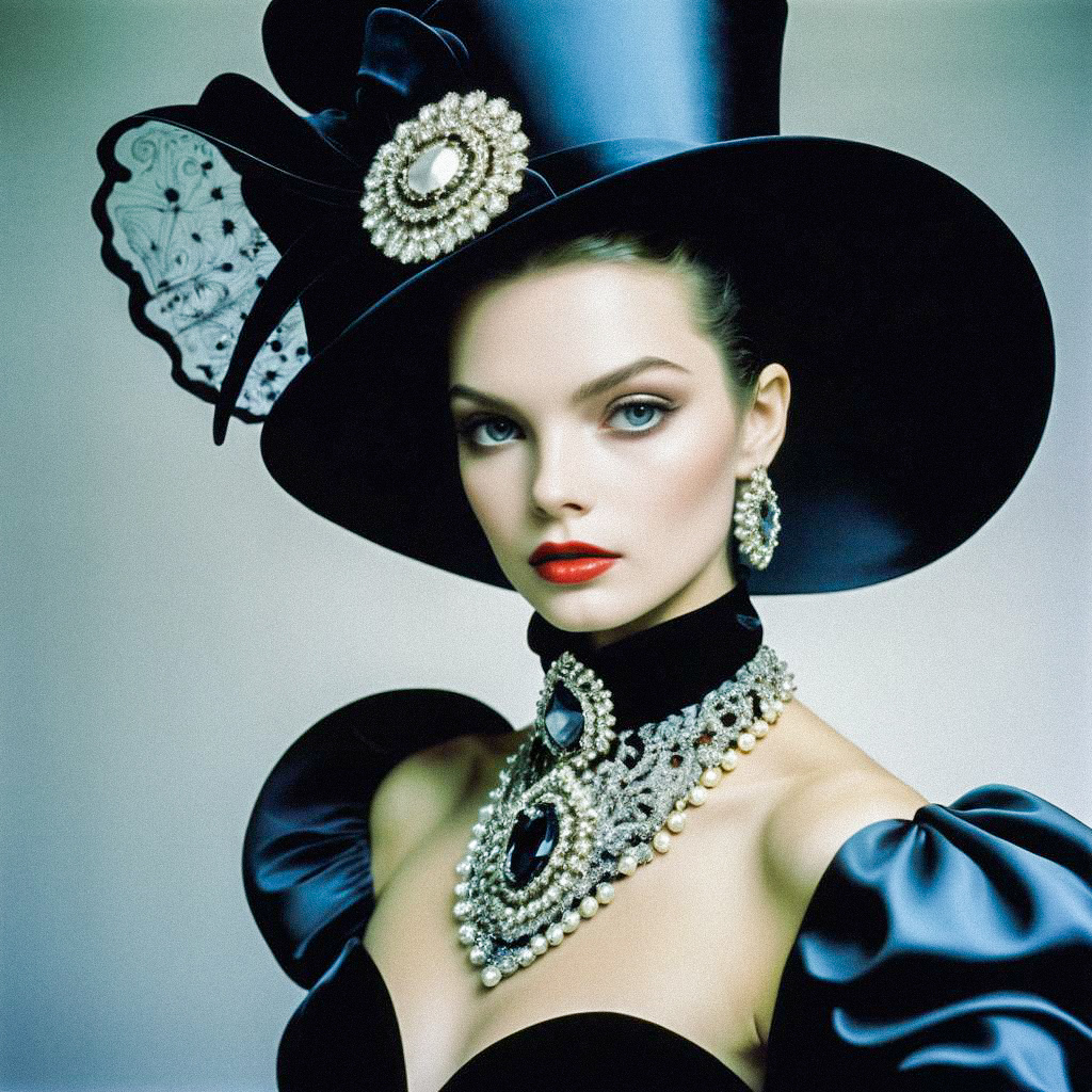 Elegant Woman in Black Hat and Opulent Jewelry