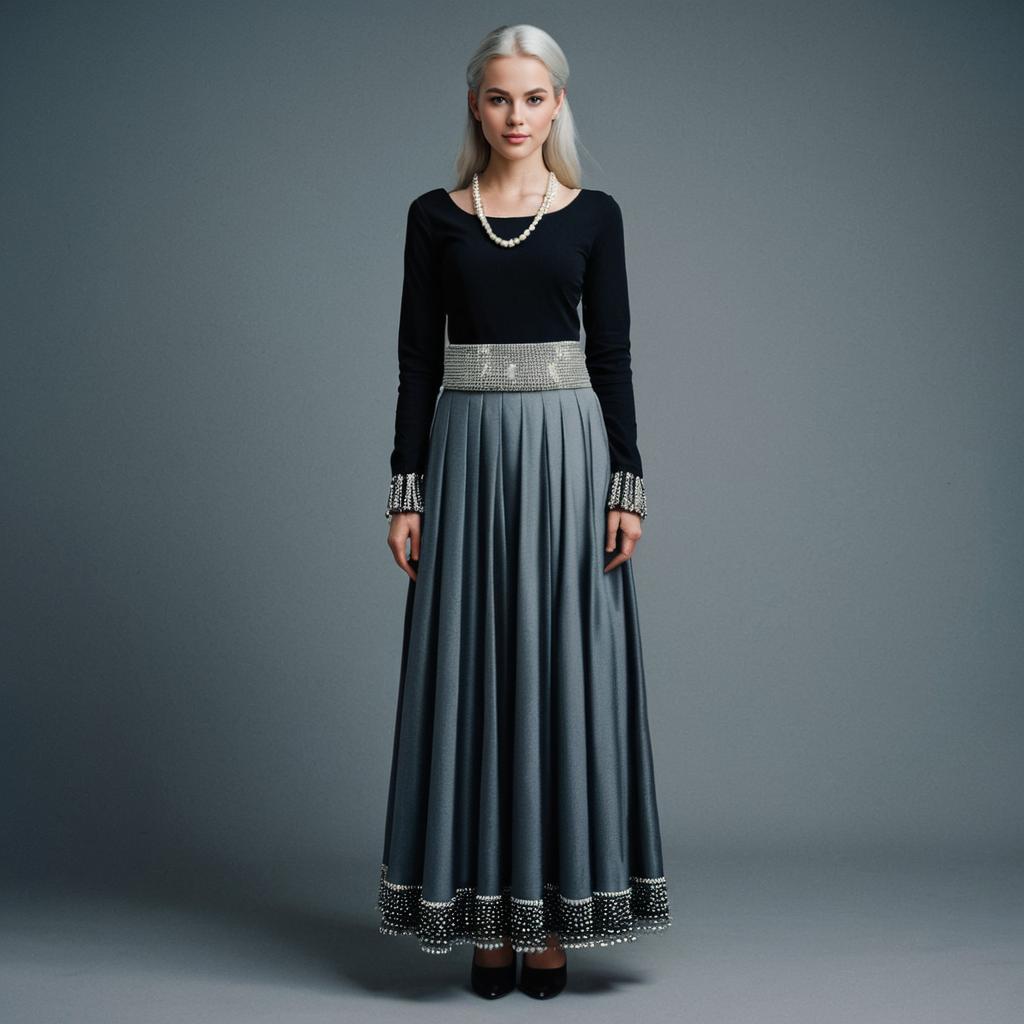Elegant Woman in Pearl-Embellished Formal Skirt and Black Top