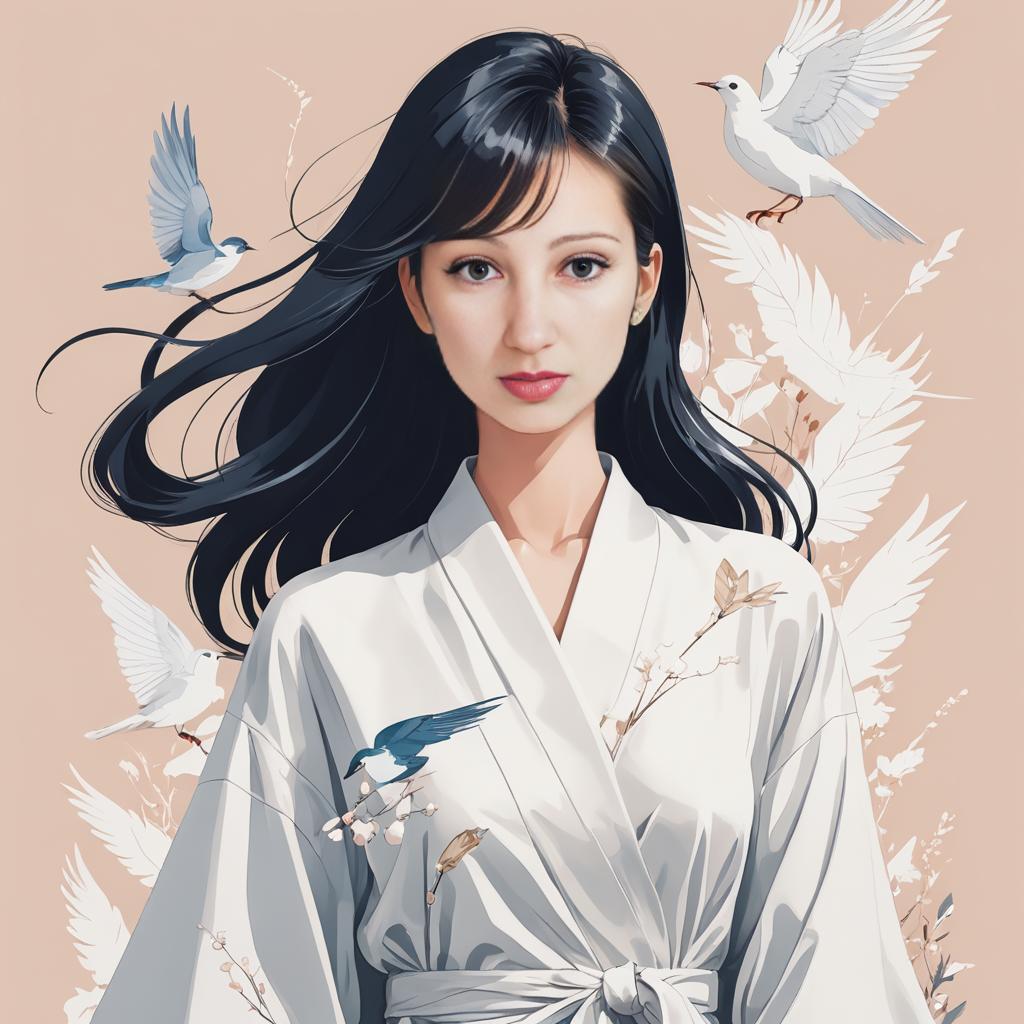 Serene Woman in White Kimono with Birds and Flowers