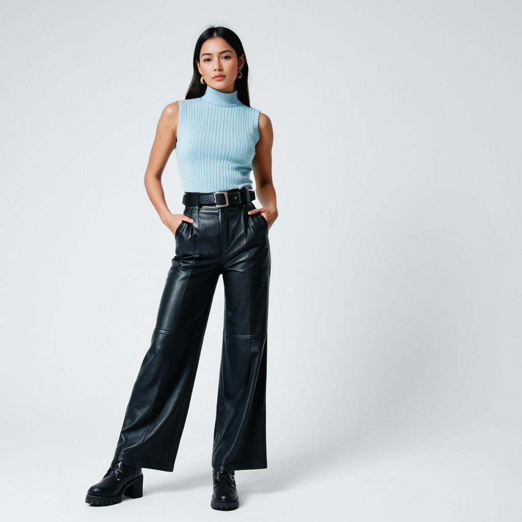 Confident Woman in Chic Blue Top and Black Leather Pants