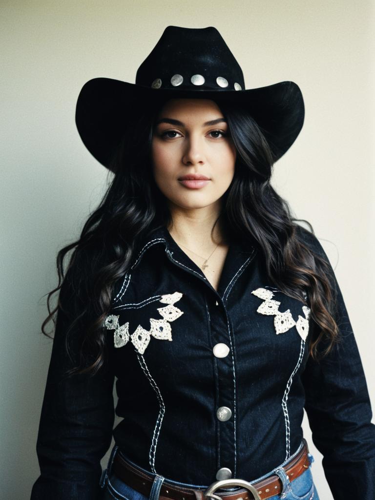 Stylish Black Cowgirl Costume with Embroidered Shirt and Western Hat