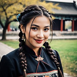 Young Woman in Traditional Black Garment in Serene Garden