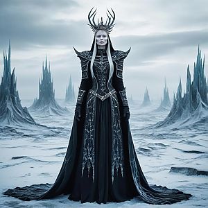 Woman in Dark Fantasy Gown in Surreal Icy Landscape